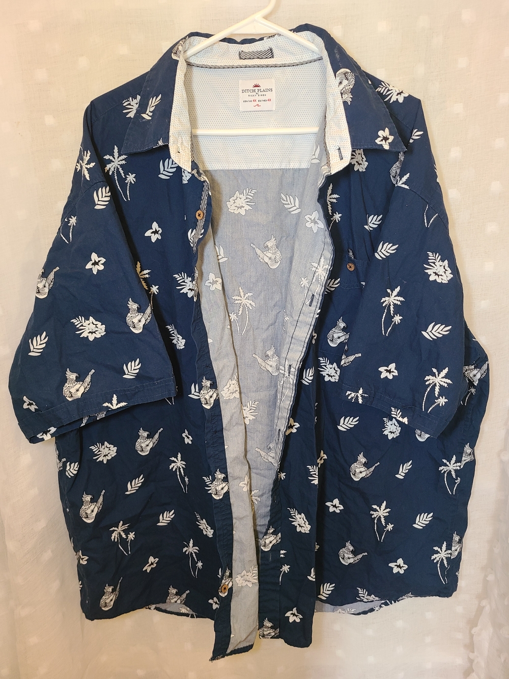Ditch Plains Navy Blue Tropical Hawaiin Mens Button Up Polo 4XL